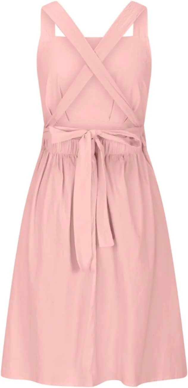 Women Cotton Linen A-line Dress Elegant Cross Lace-Up Backless Midi Dresses Summer Sleeveless Flowy Pleated Dress