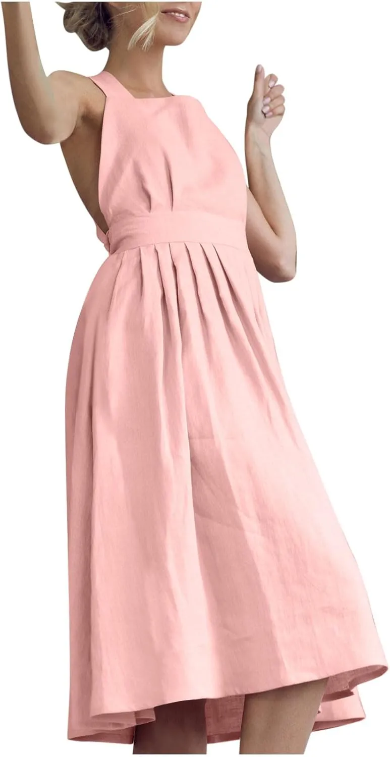 Women Cotton Linen A-line Dress Elegant Cross Lace-Up Backless Midi Dresses Summer Sleeveless Flowy Pleated Dress