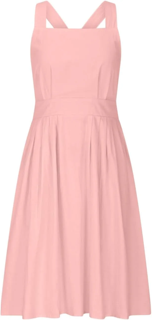 Women Cotton Linen A-line Dress Elegant Cross Lace-Up Backless Midi Dresses Summer Sleeveless Flowy Pleated Dress