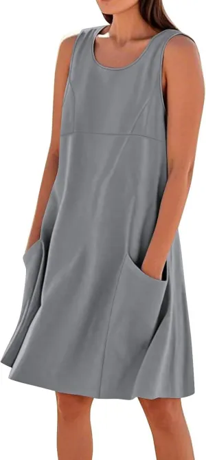 Women Cotton Linen Knee Length Sudress Summer Sleeveless Crewneck Tank Dress Linen Casual Flowy Beach Dress Pocketed