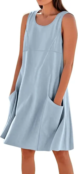 Women Cotton Linen Knee Length Sudress Summer Sleeveless Crewneck Tank Dress Linen Casual Flowy Beach Dress Pocketed
