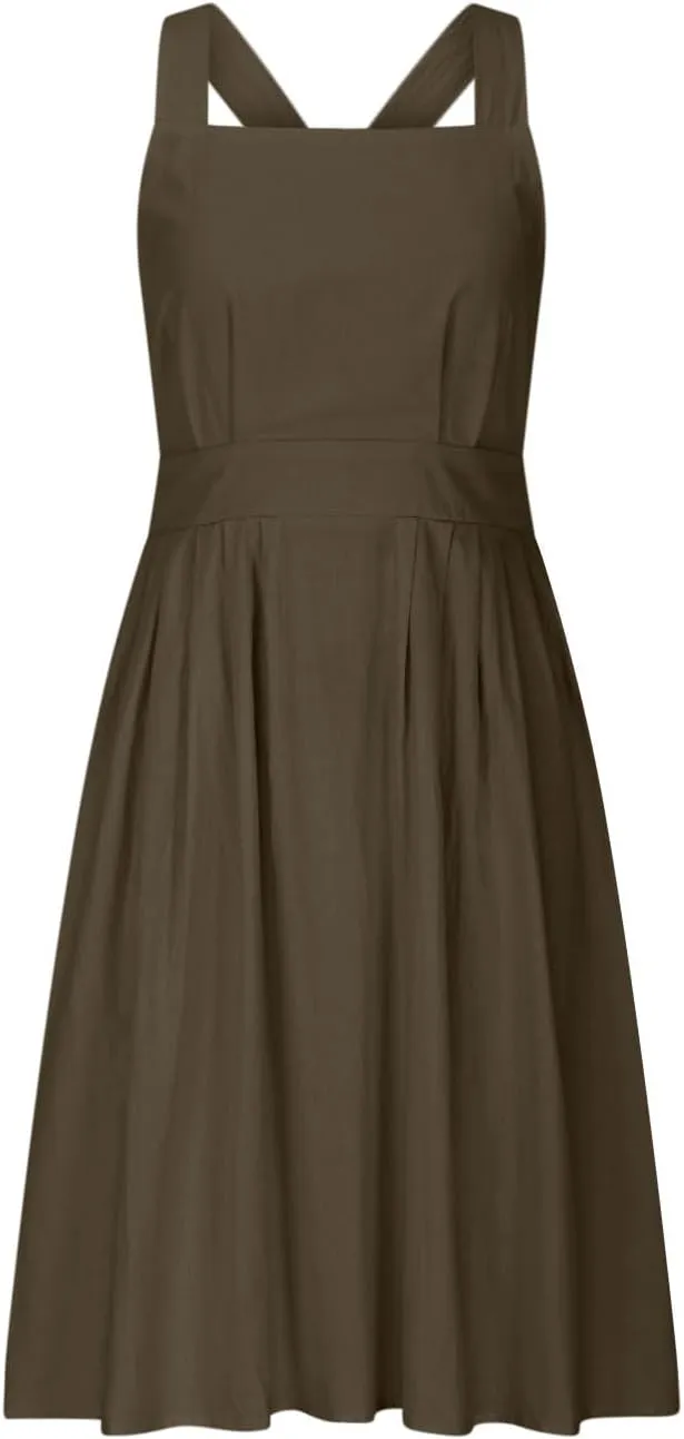 Women Cross Backless A-line Dress Summer Cotton Linen Sleeveless Square Neck Midi Dresses Flowy Pleated Sundress