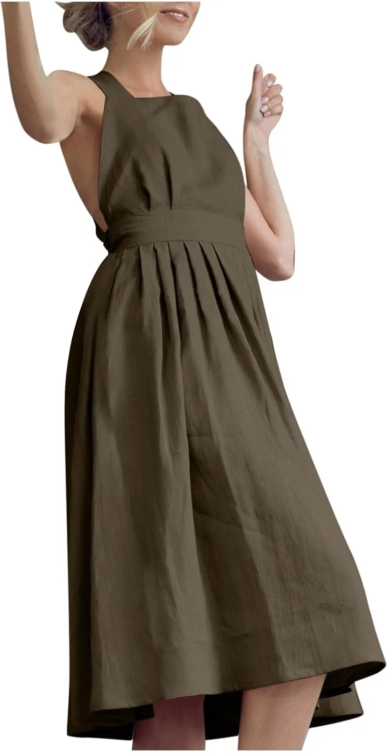 Women Cross Backless A-line Dress Summer Cotton Linen Sleeveless Square Neck Midi Dresses Flowy Pleated Sundress