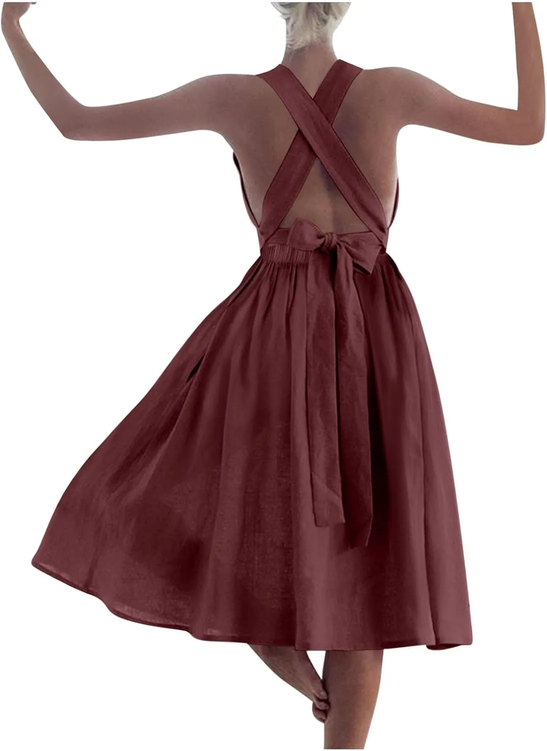 Women Cross Backless A-line Dress Summer Cotton Linen Sleeveless Square Neck Midi Dresses Flowy Pleated Sundress