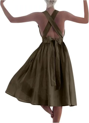 Women Cross Backless A-line Dress Summer Cotton Linen Sleeveless Square Neck Midi Dresses Flowy Pleated Sundress