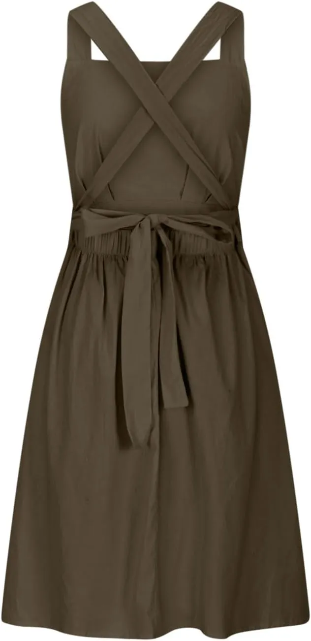 Women Cross Backless A-line Dress Summer Cotton Linen Sleeveless Square Neck Midi Dresses Flowy Pleated Sundress