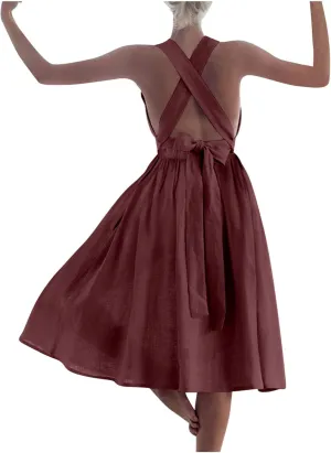 Women Cross Backless A-line Dress Summer Cotton Linen Sleeveless Square Neck Midi Dresses Flowy Pleated Sundress