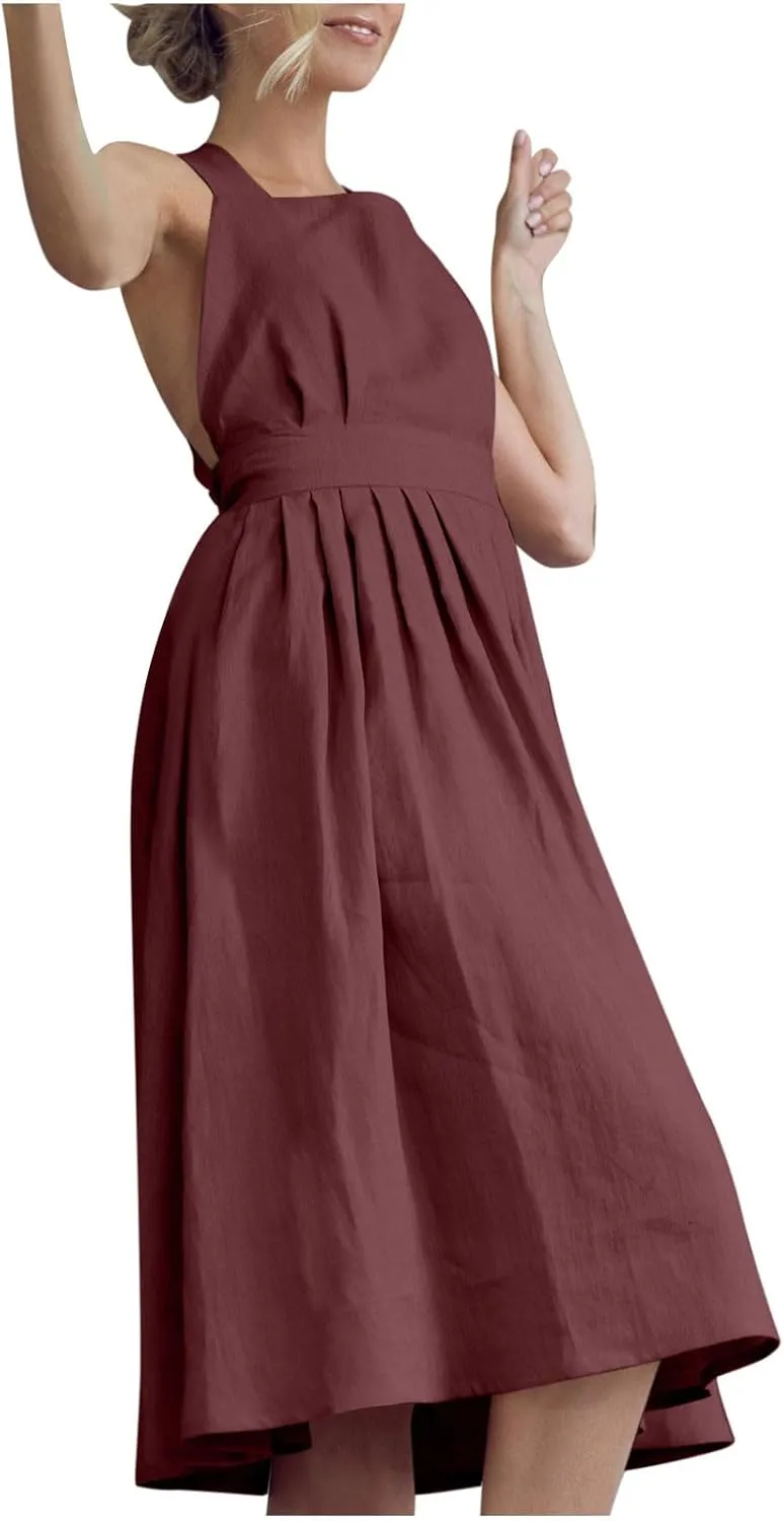 Women Cross Backless A-line Dress Summer Cotton Linen Sleeveless Square Neck Midi Dresses Flowy Pleated Sundress