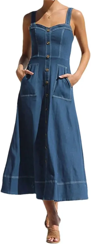 Women Denim Suspender Vintage Button Decoration Formal Party Jeans Dresses
