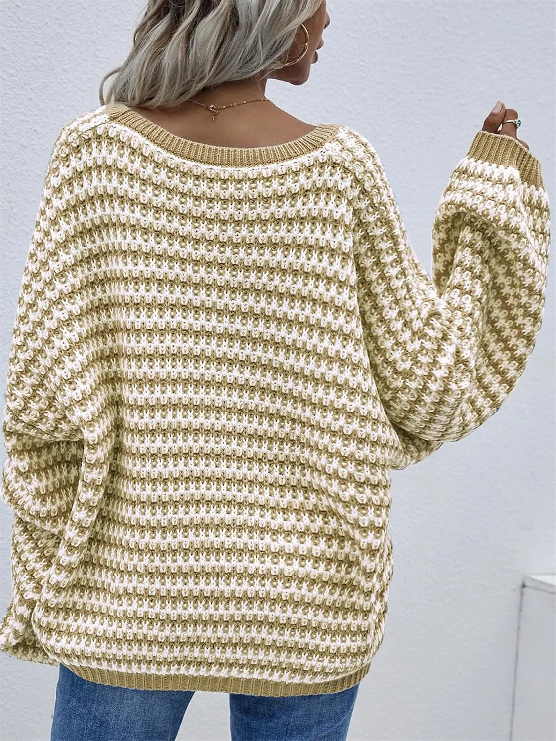 Women Fall Striped Crochet Sweater Long Sleeve V Neck Knit Pullover Jumper Tops 2025 Slouchy Tunic Sweater