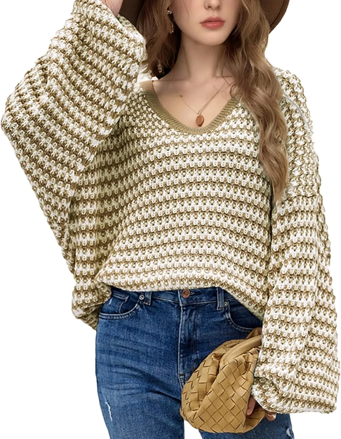 Women Fall Striped Crochet Sweater Long Sleeve V Neck Knit Pullover Jumper Tops 2025 Slouchy Tunic Sweater