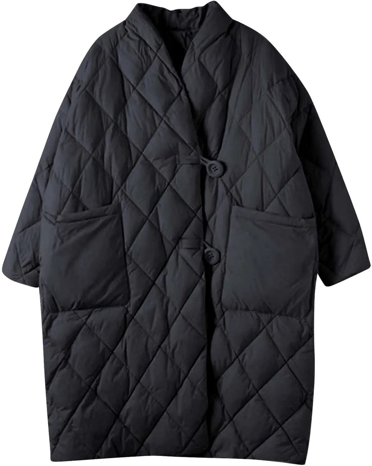 Women Long Baggy Winter Puffer Coat Collarless Cotton-Padded Jacket Button Long Sleeve Warm Quilted Outerwear Pockets