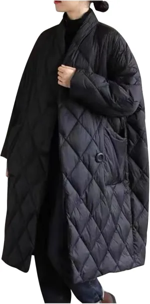 Women Long Baggy Winter Puffer Coat Collarless Cotton-Padded Jacket Button Long Sleeve Warm Quilted Outerwear Pockets