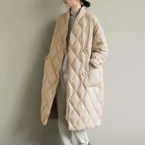 Women Long Baggy Winter Puffer Coat Collarless Cotton-Padded Jacket Button Long Sleeve Warm Quilted Outerwear Pockets