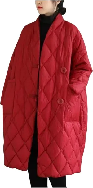 Women Long Baggy Winter Puffer Coat Collarless Cotton-Padded Jacket Button Long Sleeve Warm Quilted Outerwear Pockets