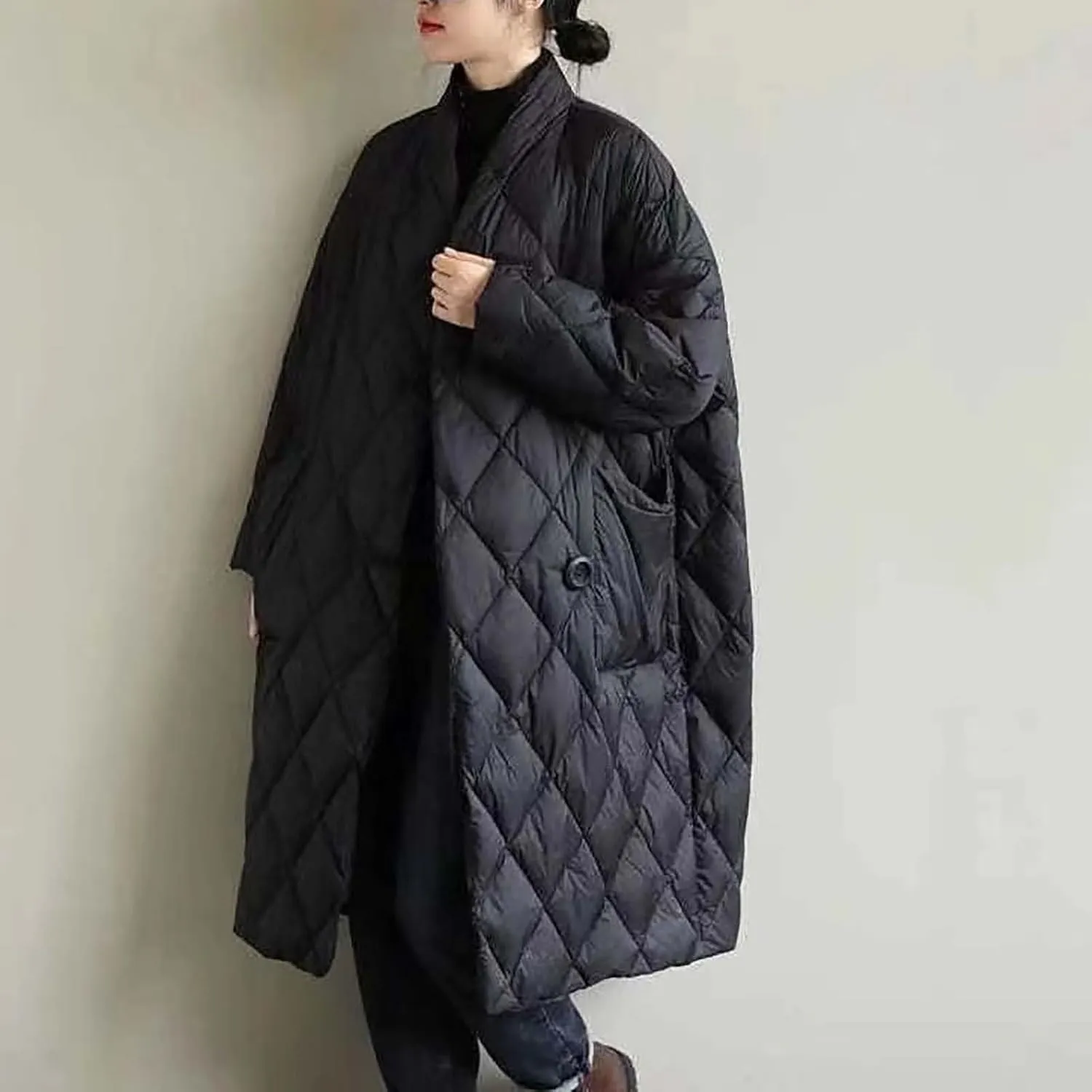 Women Long Baggy Winter Puffer Coat Collarless Cotton-Padded Jacket Button Long Sleeve Warm Quilted Outerwear Pockets