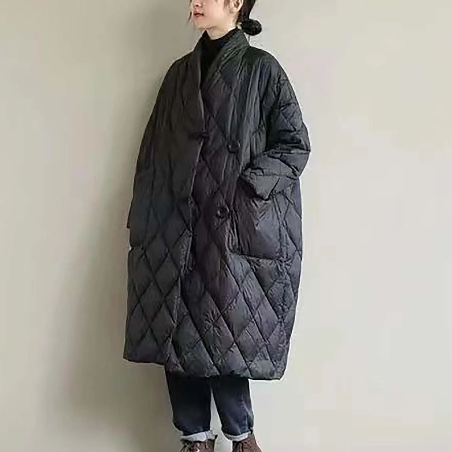 Women Long Baggy Winter Puffer Coat Collarless Cotton-Padded Jacket Button Long Sleeve Warm Quilted Outerwear Pockets