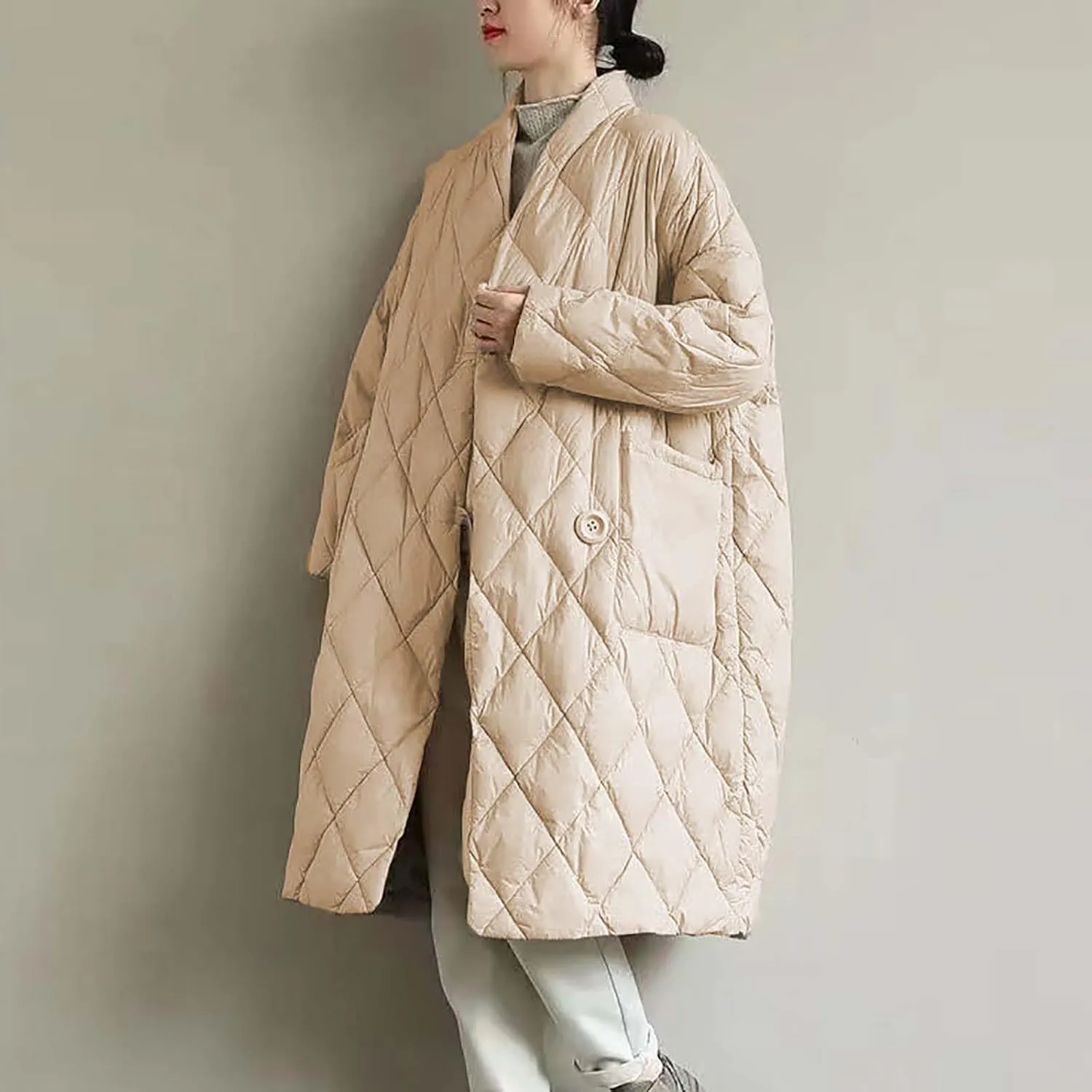 Women Long Baggy Winter Puffer Coat Collarless Cotton-Padded Jacket Button Long Sleeve Warm Quilted Outerwear Pockets