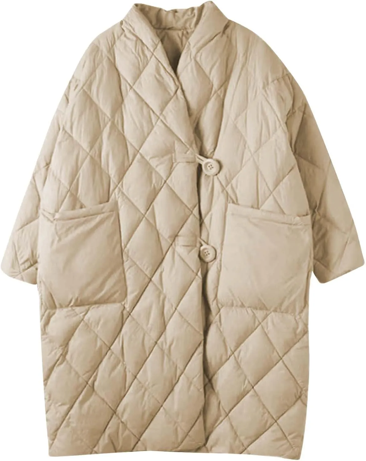Women Long Baggy Winter Puffer Coat Collarless Cotton-Padded Jacket Button Long Sleeve Warm Quilted Outerwear Pockets