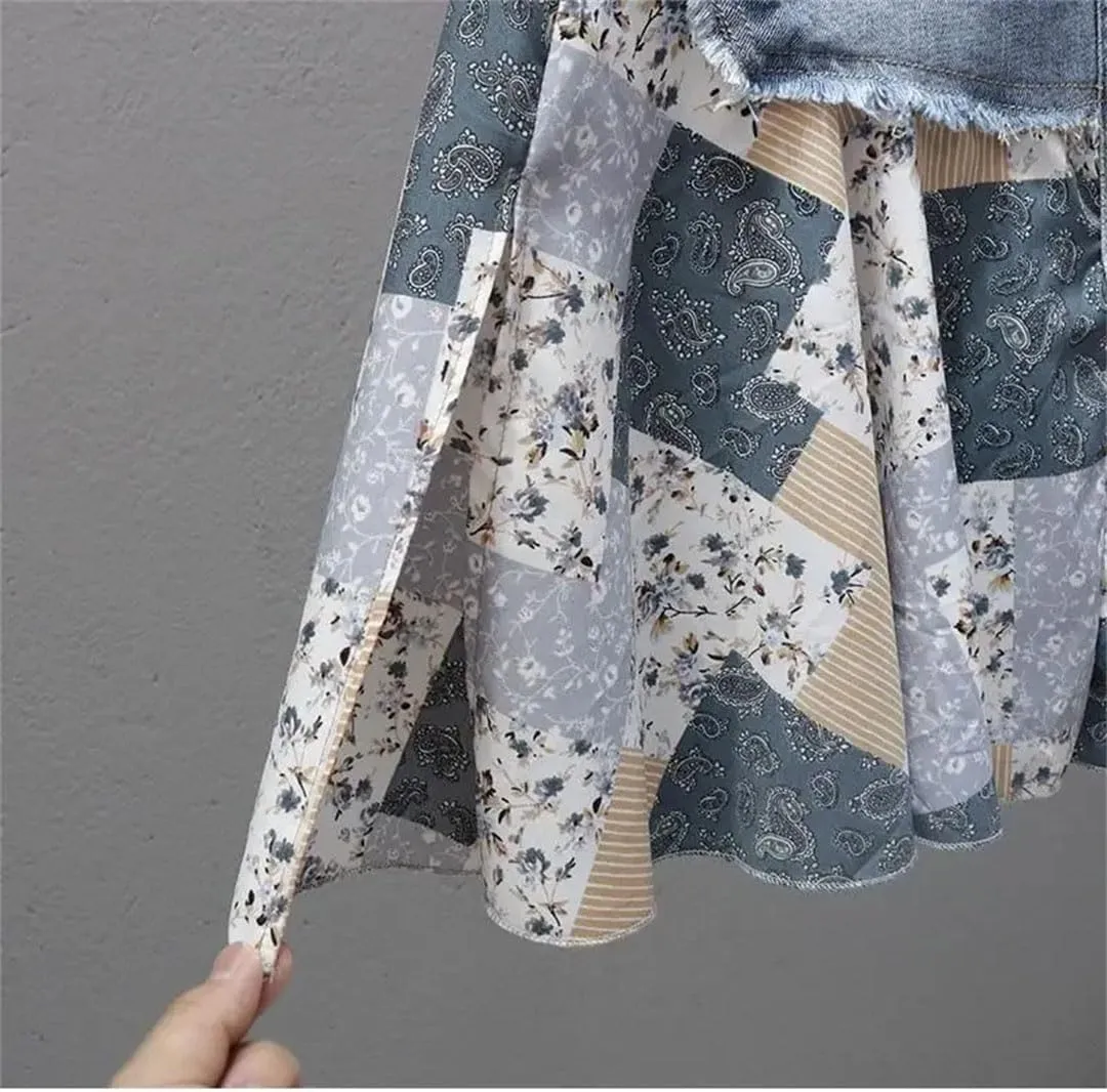 Women Patchwork Print High Denim Skirt Casual Withpocket Jeans Midi Skirts