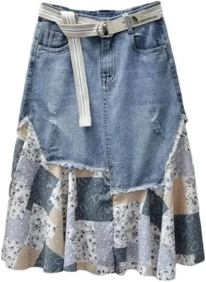 Women Patchwork Print High Denim Skirt Casual Withpocket Jeans Midi Skirts