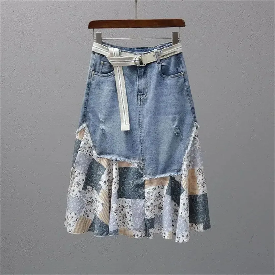 Women Patchwork Print High Denim Skirt Casual Withpocket Jeans Midi Skirts