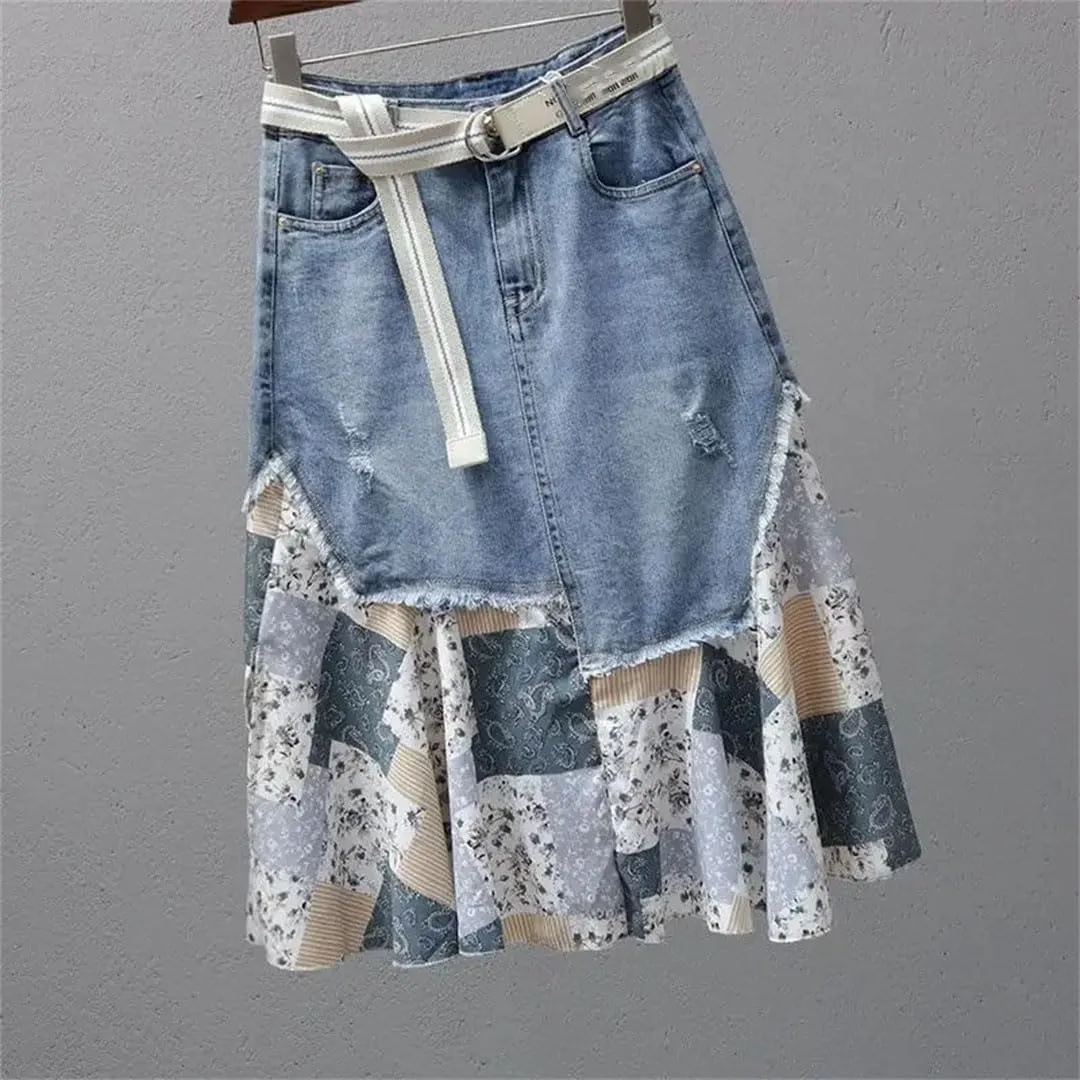 Women Patchwork Print High Denim Skirt Casual Withpocket Jeans Midi Skirts