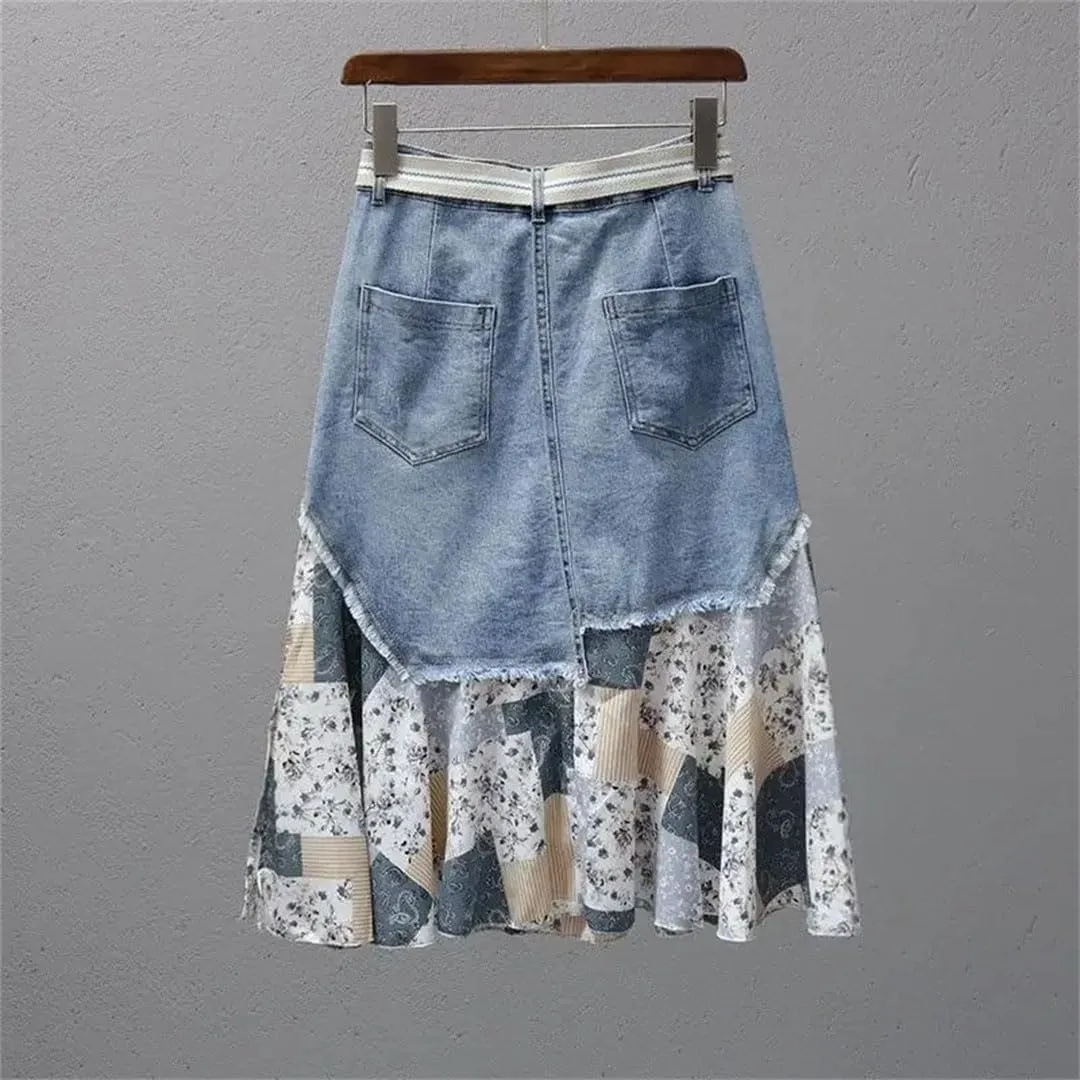 Women Patchwork Print High Denim Skirt Casual Withpocket Jeans Midi Skirts
