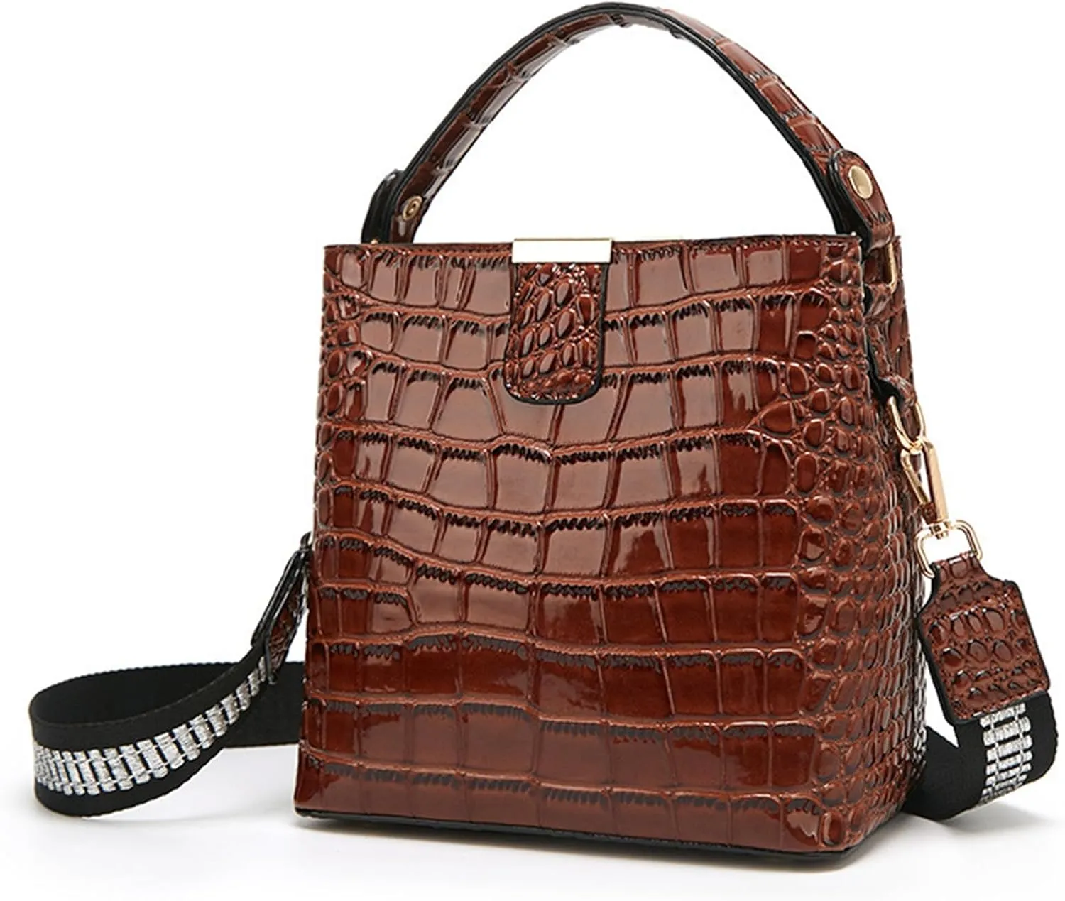 Women Patent Leather Handbag Stylish Crocodile Print Satchel Bucket Bag Ladies Party Evening Crossbody Shoulder Bagsbag1477OWOISS