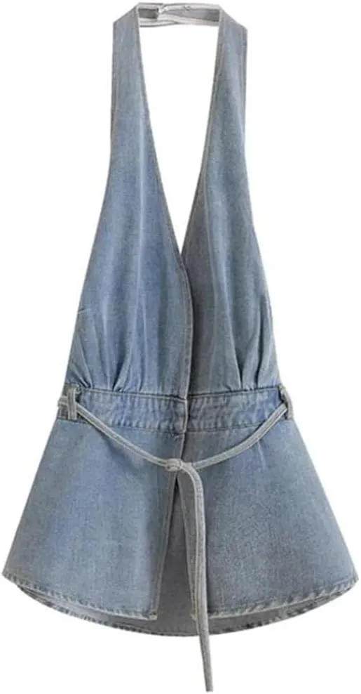 Women Sexy Belt Denim Mini Halter Neck Backless Jeans Dresses