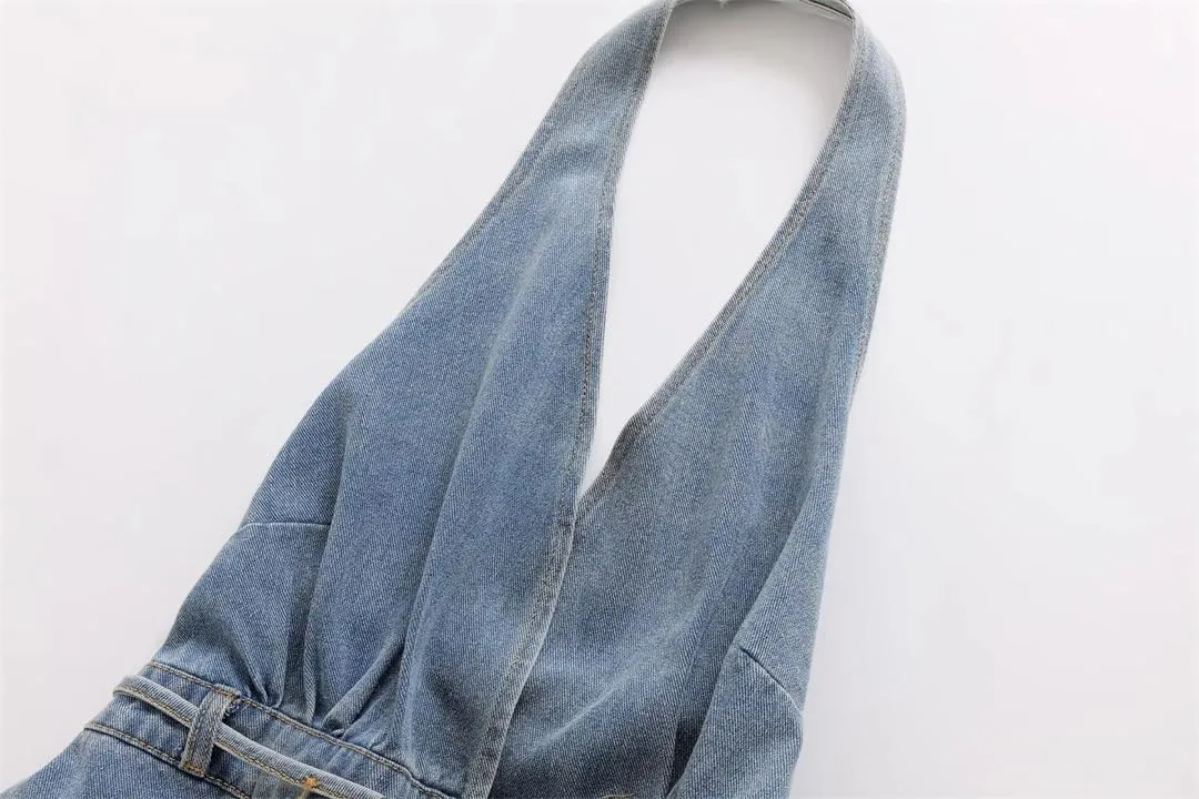 Women Sexy Belt Denim Mini Halter Neck Backless Jeans Dresses