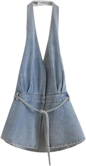 Women Sexy Belt Denim Mini Halter Neck Backless Jeans Dresses