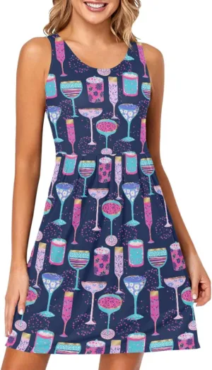 Women Summer Dresses Casual Beach Cocktails Wine Glasses Sleeveless Sundresses Tank Dress with Pockets