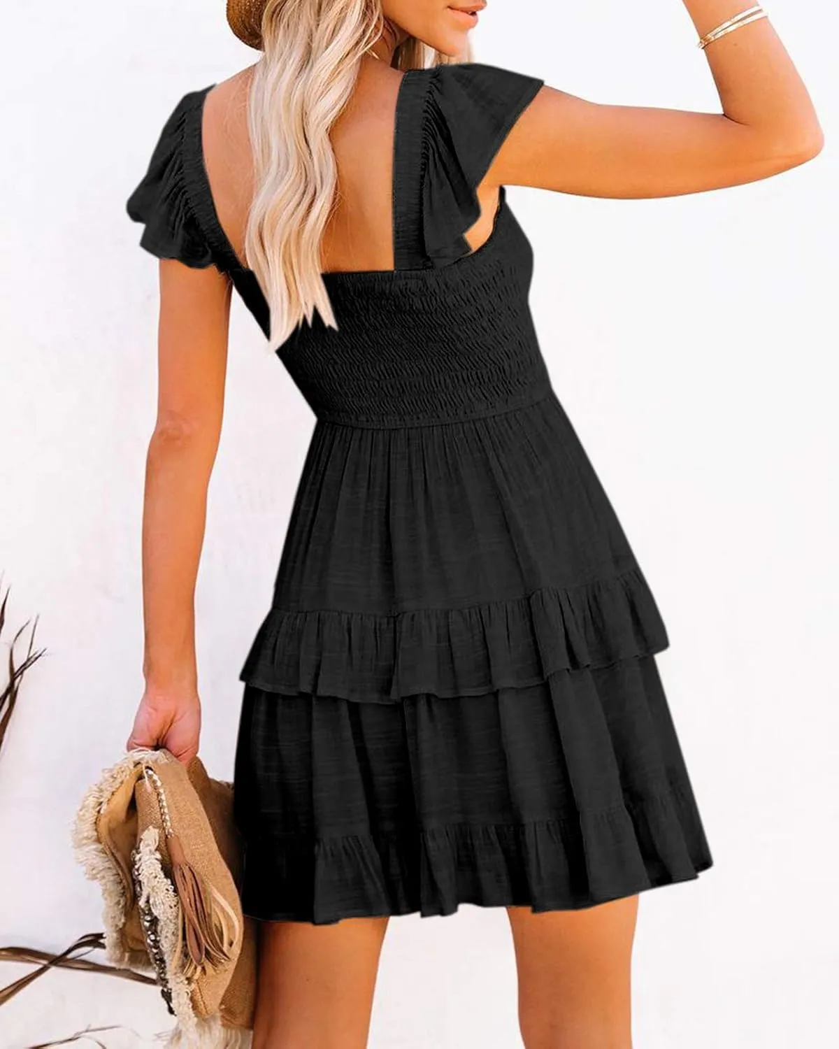Women Summer Dresses Casual Boho Smocked Ruffle Sun Beach Babydoll Mini Dress Layered Flowy Swing Dress