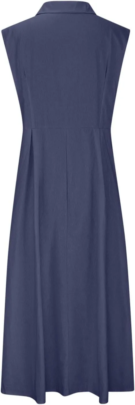 Women Summer Long Dresses Cotton Linen Solid Work Dress Causal Turndown Collar Sleeveless Button Sundress