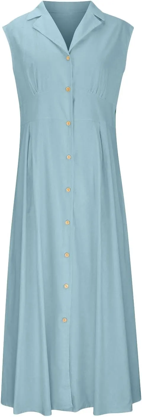 Women Summer Long Dresses Cotton Linen Solid Work Dress Causal Turndown Collar Sleeveless Button Sundress