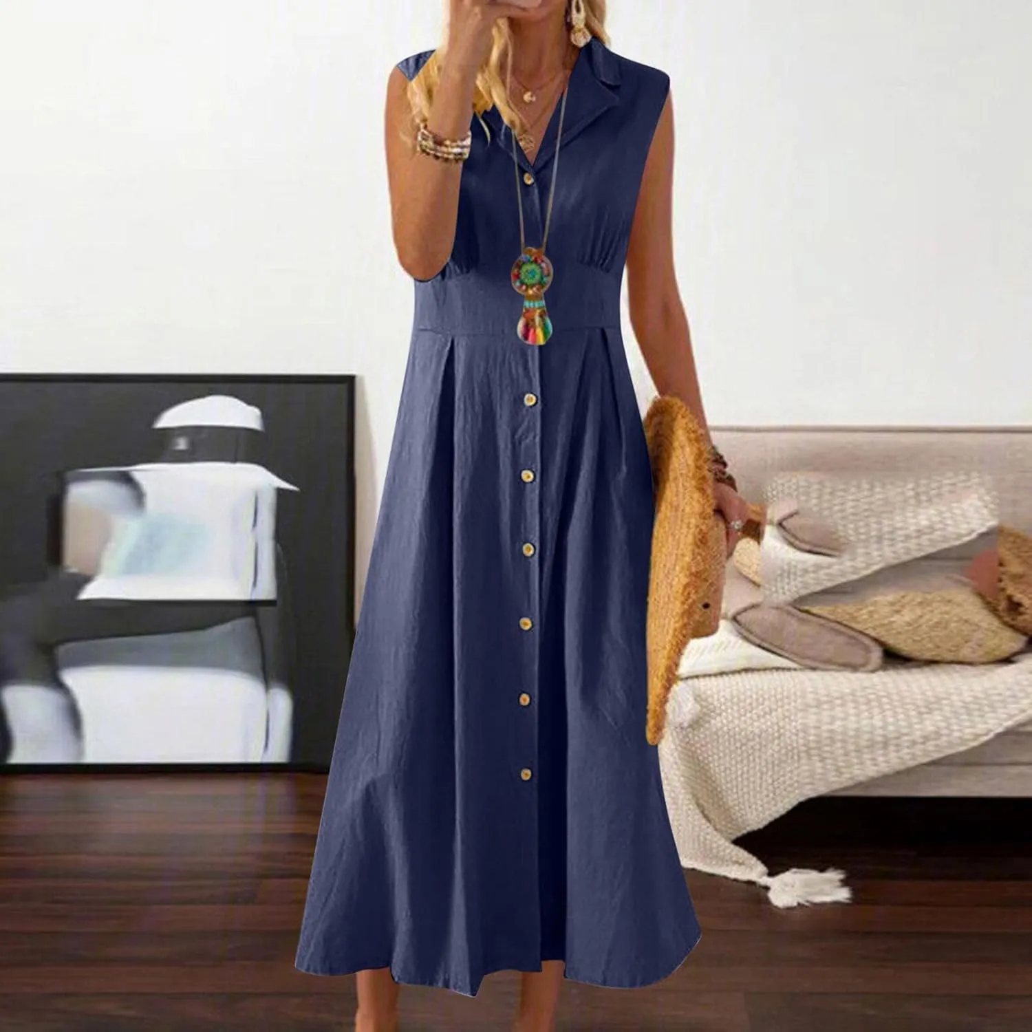 Women Summer Long Dresses Cotton Linen Solid Work Dress Causal Turndown Collar Sleeveless Button Sundress