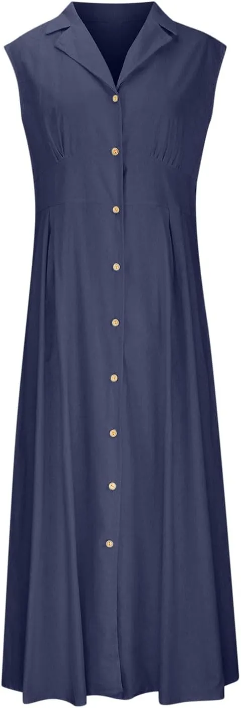 Women Summer Long Dresses Cotton Linen Solid Work Dress Causal Turndown Collar Sleeveless Button Sundress
