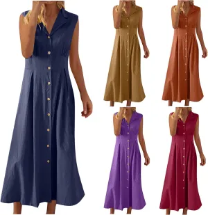 Women Summer Long Dresses Cotton Linen Solid Work Dress Causal Turndown Collar Sleeveless Button Sundress