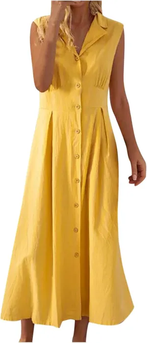 Women Summer Long Dresses Cotton Linen Solid Work Dress Causal Turndown Collar Sleeveless Button Sundress