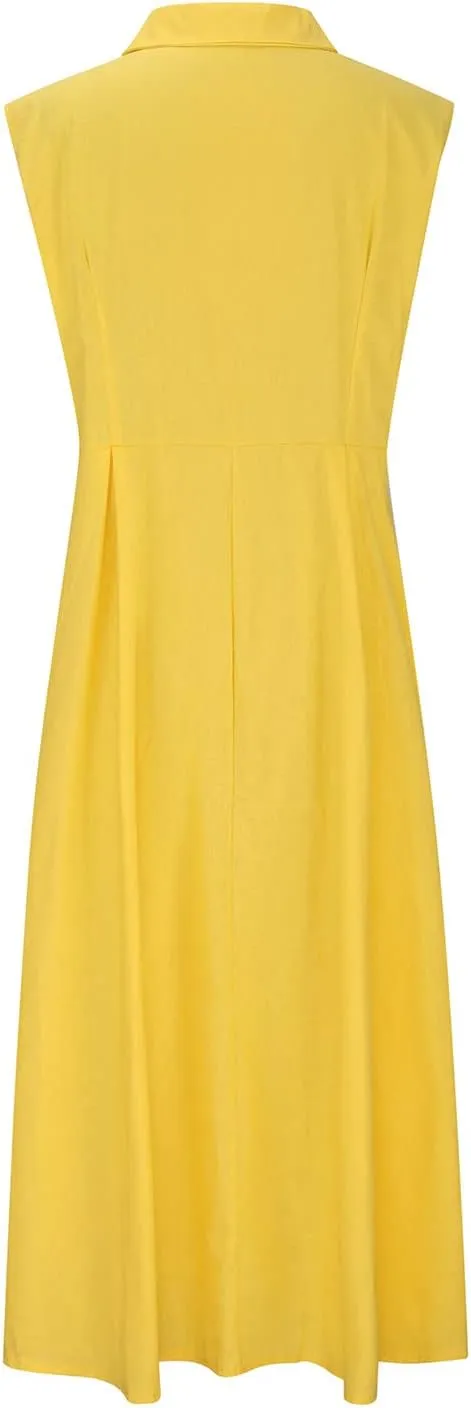 Women Summer Long Dresses Cotton Linen Solid Work Dress Causal Turndown Collar Sleeveless Button Sundress