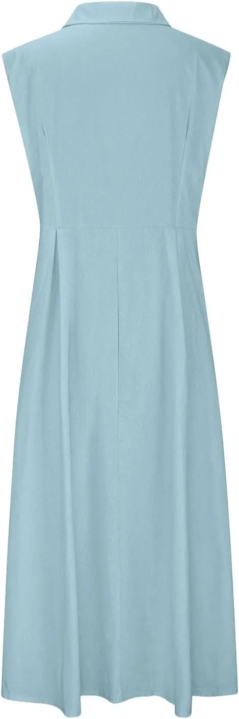 Women Summer Long Dresses Cotton Linen Solid Work Dress Causal Turndown Collar Sleeveless Button Sundress