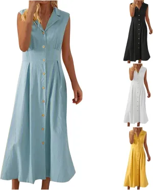 Women Summer Long Dresses Cotton Linen Solid Work Dress Causal Turndown Collar Sleeveless Button Sundress