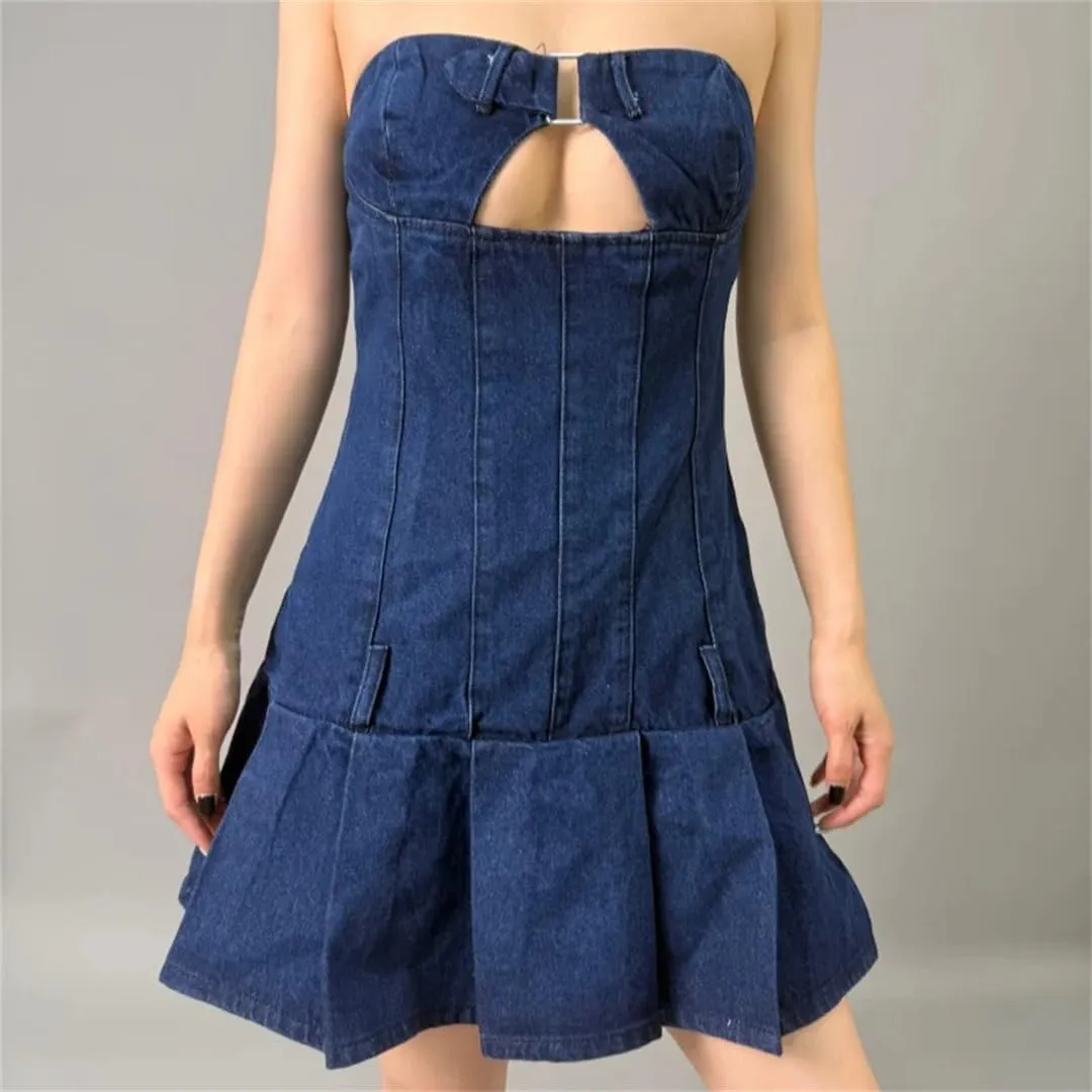 Women Summer Sexy Denim Backless Sleeveless Knee-Length Jeans Dresses