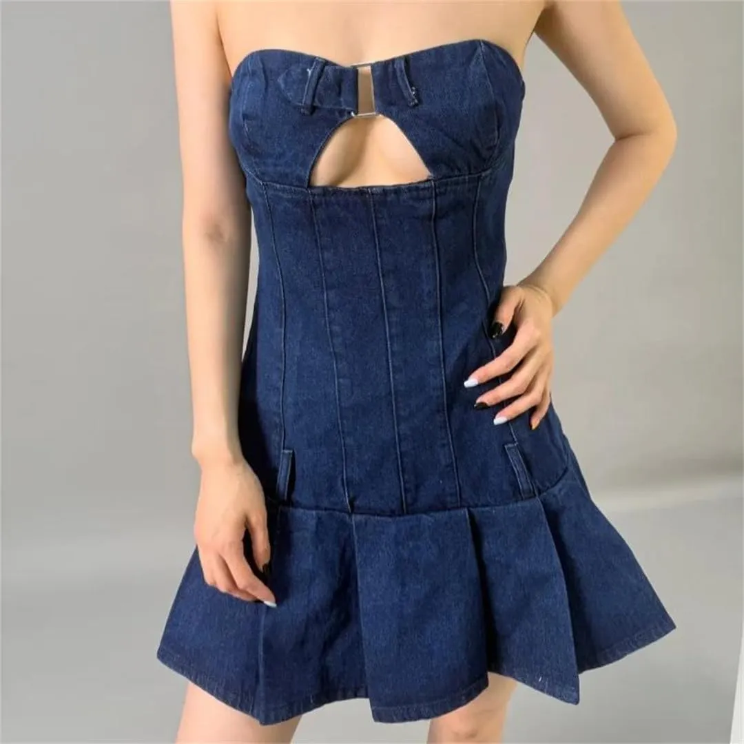 Women Summer Sexy Denim Backless Sleeveless Knee-Length Jeans Dresses
