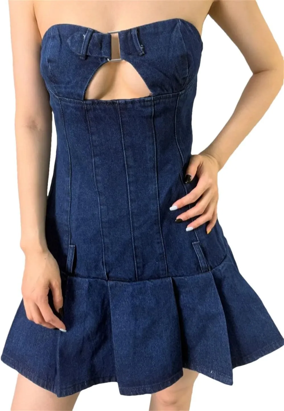 Women Summer Sexy Denim Backless Sleeveless Knee-Length Jeans Dresses