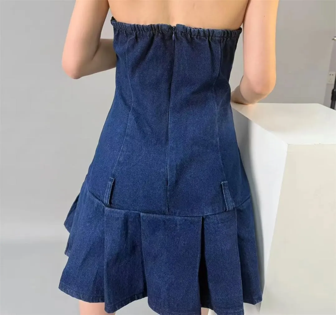 Women Summer Sexy Denim Backless Sleeveless Knee-Length Jeans Dresses