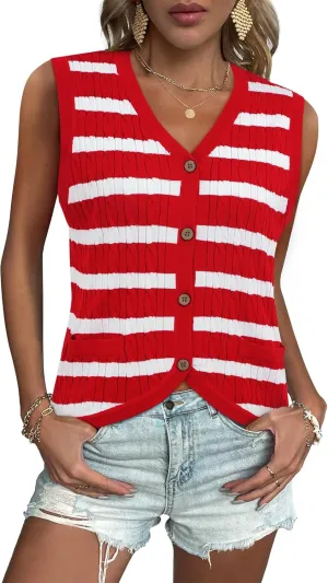 Women V Neck Sweater Vest Cable Knit Button Down Striped Tank Top Casual Crochet Knitted Sleeveless Cardigan