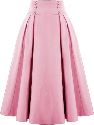 Women Vintage Skirt High Waist Pleated Skirt Midi A-Line Skirt Elegant Flowy Button Details Casual Formal Skirt