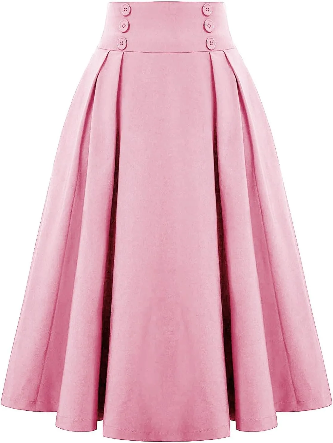 Women Vintage Skirt High Waist Pleated Skirt Midi A-Line Skirt Elegant Flowy Button Details Casual Formal Skirt